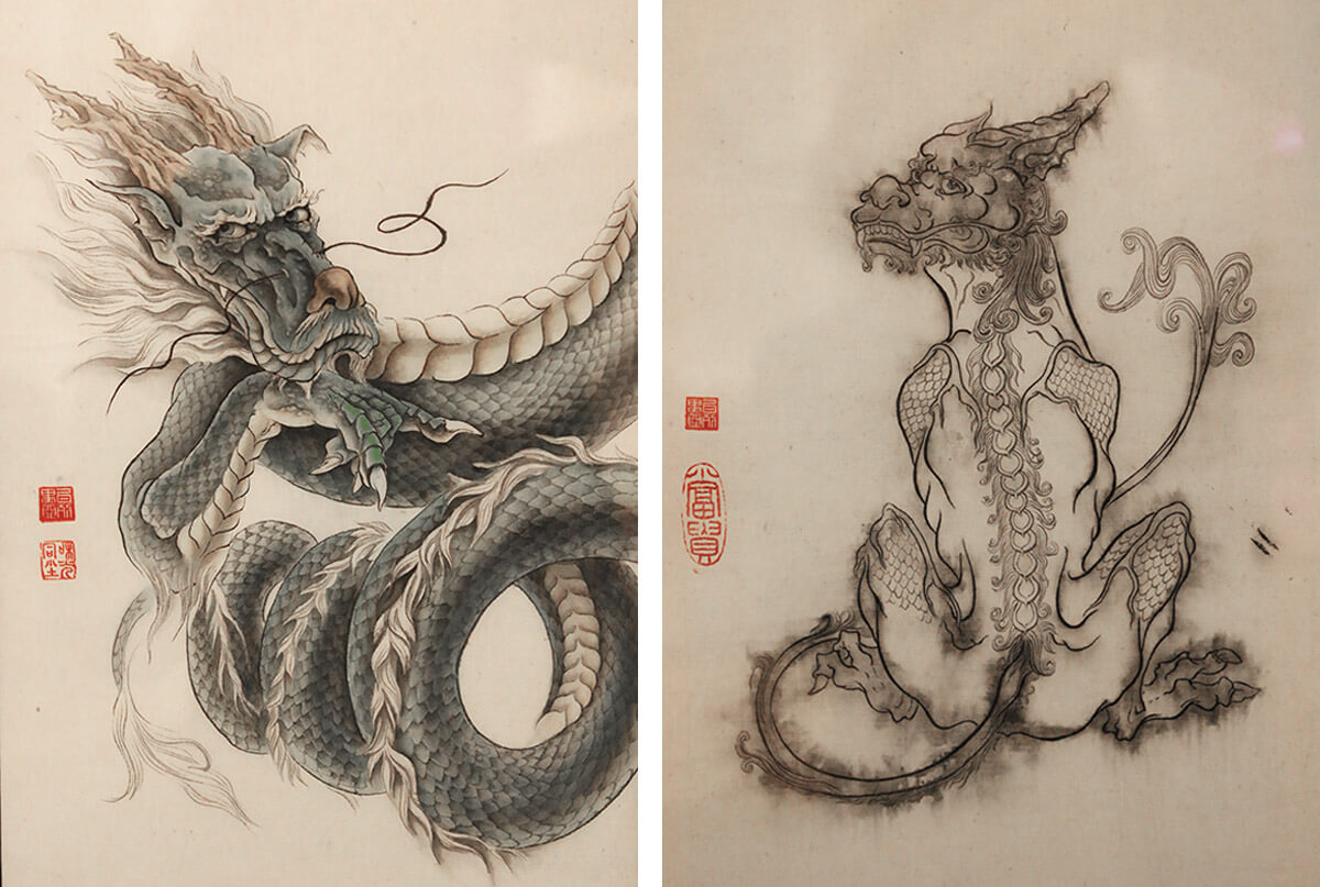 Слева: Японский дракон Nihon nj rym. Справа: Единорог Kaichi. Рудина Валерия. Фото: Мария Говтвань, РГБ