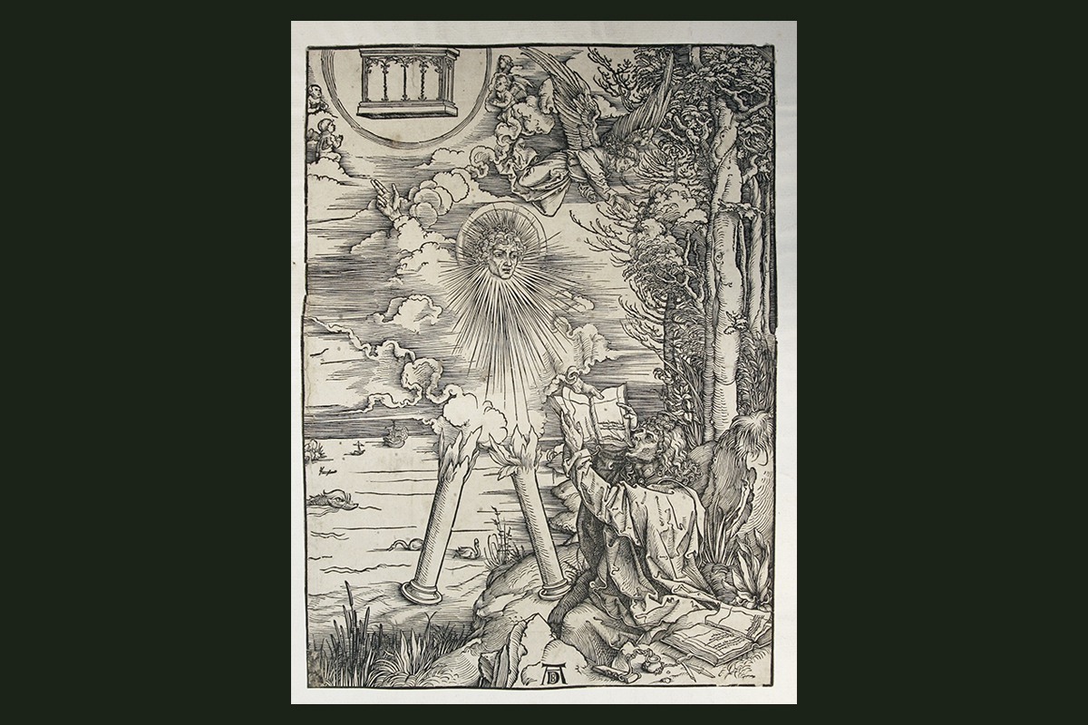 Дюрер Альбрехт (Dürer Albrecht; 1471-1528). Святой Иоанн проглатывает книгу, полученную от ангела. 1498. Ксилография. Лист 10 из серии "Апокалипсис". Лист с немецким текстом на обороте. Системный № ЭК:  9621023
