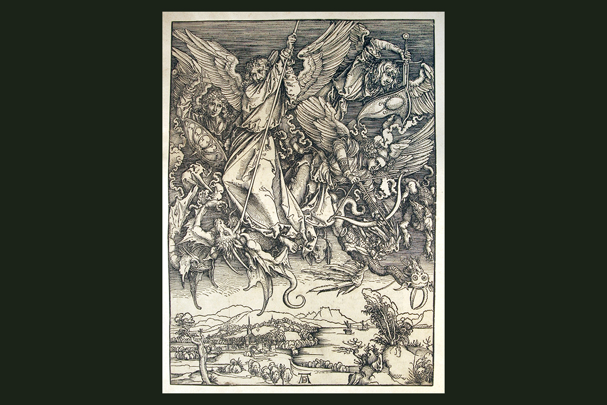 Дюрер Альбрехт (Dürer Albrecht; 1471-1528). Битва архангела Михаила с драконом. 1498. Ксилография. Лист 12 из серии "Апокалипсис". Лист с немецким текстом на обороте. Системный номер ЭК:  9621022